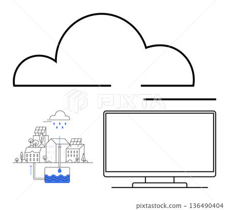 Cloud computing, renewable energy, smart homes, eco-friendly technology, sustainable living, digital innovation. A cloud, a monitor and a rainwater system over a community. Cloud computing Cloud computing, renewable energy, smart homes, eco-friendly technology, sustainable living, digital innovation. A cloud, a monitor and a rainwater system over a community. Cloud computing 136490404
