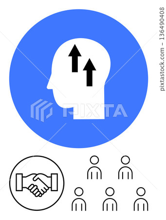Self-improvement, leadership, business collaboration, teamwork, growth mindset, productivity. Silhouette of a head with upward arrows, handshake and people icons. Growth mindset and teamwork concept Self-improvement, leadership, business collaboration, teamwork, growth mindset, productivity. Silhouette of a head with upward arrows, handshake and people icons. Growth mindset and teamwork concept 136490408