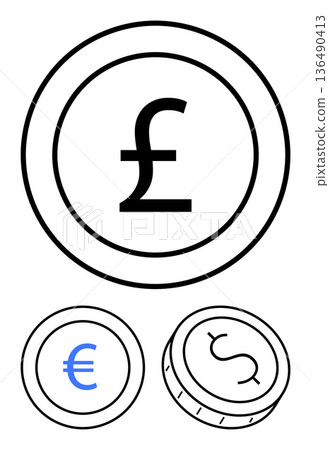 Finance, international trade, currency exchange, business concepts, global economy, monetary transactions. Coins Pound, Euro and Dollar symbols. Finance and international trade concepts Finance, international trade, currency exchange, business concepts, global economy, monetary transactions. Coins Pound, Euro and Dollar symbols. Finance and international trade concepts 136490413
