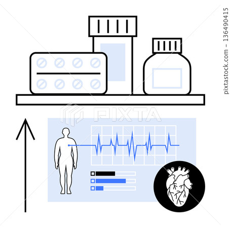 Healthcare, cardiology, health data, medication management, preventive care, patient monitoring. ECG graph, pills bottles human figure heart icon. Healthcare and cardiology concept Healthcare, cardiology, health data, medication management, preventive care, patient monitoring. ECG graph, pills bottles human figure heart icon. Healthcare and cardiology concept 136490415
