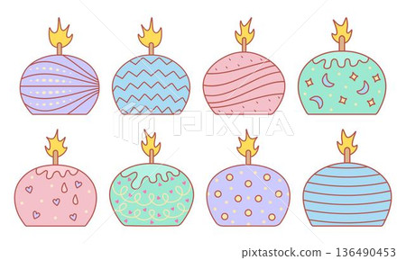 Color retro round candle set. Decorated candle doodles with abstract psychedelic patterns, melted wax and flame. Various cliparts for cozy atmosphere Color retro round candle set. Decorated candle doodles with abstract psychedelic patterns, melted wax and flame. Various cliparts for cozy atmosphere 136490453