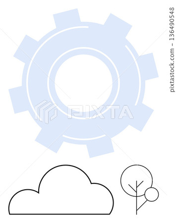 Technology, innovation, sustainability, environmental connection, industrial development, modernization. A cogwheel, cloud and tree in minimalist design. Technology and sustainability integration 136490548