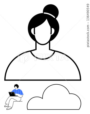 Digital identity, cloud computing, online work, technology, data security, remote communication. Minimalistic female avatar, person working on laptop and cloud graphic. Digital identity and cloud 136490549