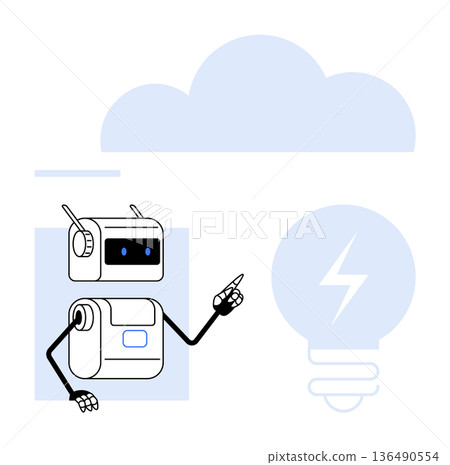 Artificial intelligence, machine learning, cloud computing, innovation, technology concepts, digital solutions. A robot pointing to a lightbulb and cloud icon. AI and innovation concepts Artificial intelligence, machine learning, cloud computing, innovation, technology concepts, digital solutions. A robot pointing to a lightbulb and cloud icon. AI and innovation concepts 136490554
