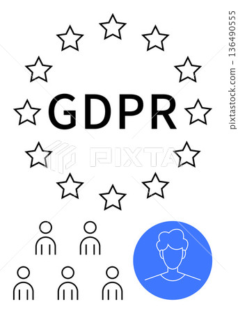 Data privacy, GDPR compliance, online security, user privacy, data governance, and protection. Star emblem with GDPR text, user profile icon and multiple people symbols. GDPR compliance and data Data privacy, GDPR compliance, online security, user privacy, data governance, and protection. Star emblem with GDPR text, user profile icon and multiple people symbols. GDPR compliance and data 136490555