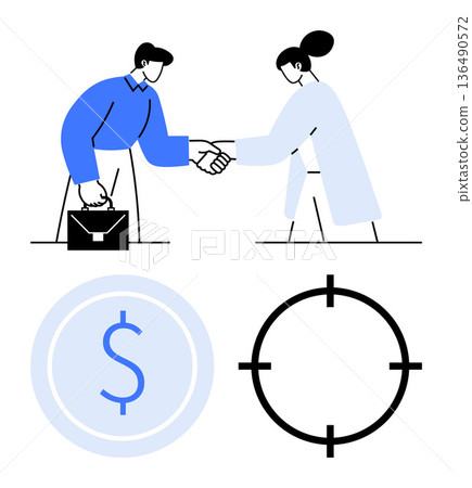 Business partnerships, financial deals, goal setting, teamwork, negotiation, contract agreements. Two people shaking hands, dollar symbol and target icon. Business partnerships and financial deals Business partnerships, financial deals, goal setting, teamwork, negotiation, contract agreements. Two people shaking hands, dollar symbol and target icon. Business partnerships and financial deals 136490572