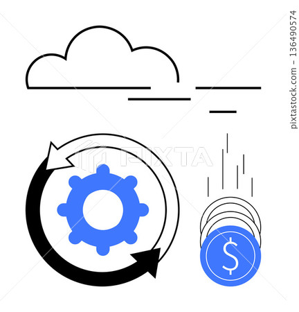 Technology, cloud computing, business strategy, digital transformation, fintech, automation. Cloud and gear with arrows, coins falling. Technology and automation concept 136490574