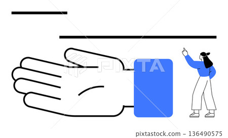Communication, guidance, instruction, teamwork, presentation, and interaction. A large open hand and a small person pointing upward. Communication and guidance concept 136490575