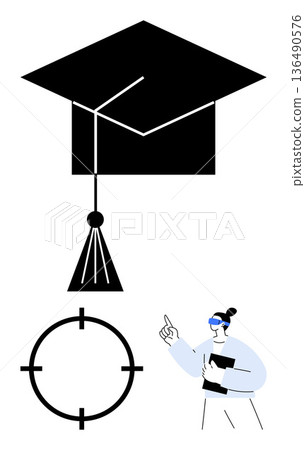 Higher education, career goals, academic success, student focus, future planning, learning. Black graduation cap with tassel, target symbol and gesturing woman. Higher education and career goals 136490576