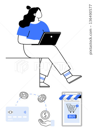 Online shopping, e-commerce, digital payments, financial technology, consumer behavior, mobile commerce. Woman using a laptop with dollar symbols, payment card and mobile shop elements. E-commerce 136490577