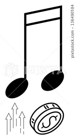 Music earnings, revenue growth, financial success, business strategy, investment opportunities, economic progress. A musical note, upward arrows and a coin with a dollar sign. Music earnings Music earnings, revenue growth, financial success, business strategy, investment opportunities, economic progress. A musical note, upward arrows and a coin with a dollar sign. Music earnings 136490584