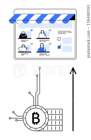 E-commerce trends, cryptocurrency payments, blockchain technology, digital financial growth, online transactions, and fintech solutions. Shopping website with Bitcoin symbol and upward arrow E-commerce trends, cryptocurrency payments, blockchain technology, digital financial growth, online transactions, and fintech solutions. Shopping website with Bitcoin symbol and upward arrow 136490591