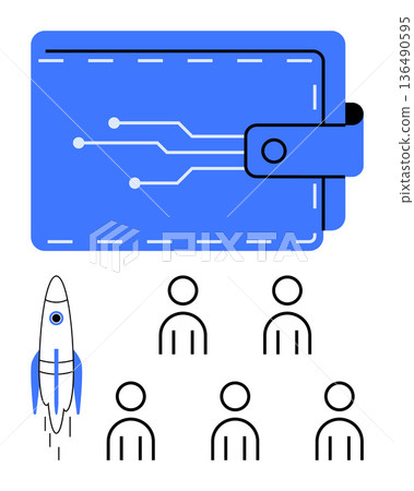 Cryptocurrency, blockchain, fintech, digital assets, innovation, technological advancements. A digital wallet with circuit patterns, rocket and people stick figures. Cryptocurrency and blockchain Cryptocurrency, blockchain, fintech, digital assets, innovation, technological advancements. A digital wallet with circuit patterns, rocket and people stick figures. Cryptocurrency and blockchain 136490595