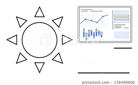 Renewable energy, solar power, data analysis, environmental technology, statistics, sustainability. A sun icon alongside data charts and graphs. Renewable energy and solar power dynamics Renewable energy, solar power, data analysis, environmental technology, statistics, sustainability. A sun icon alongside data charts and graphs. Renewable energy and solar power dynamics 136490606