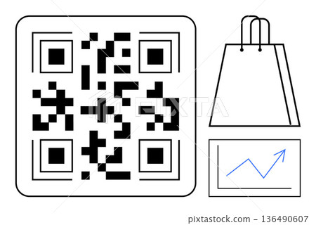 E-commerce, digital sales, marketing strategies, online business, retail analytics, cashless shopping. QR code, shopping bag and chart indicating growth. E-commerce and digital sales concept 136490607