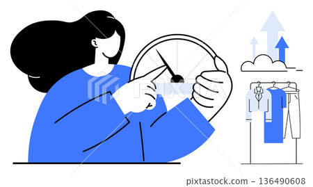 Business growth, performance metrics, retail success, data analysis, ecommerce trends, strategy development. A woman points to a speedometer with clothing and growth icons. Business growth 136490608
