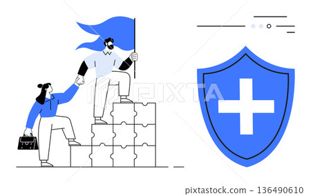 Teamwork, leadership, protection, collaboration, guidance, success. Two people climbing puzzle blocks with a flag. Teamwork and leadership with symbolic ascent and guiding gesture 136490610