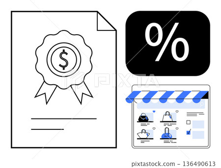 E-commerce, online shopping, discount offers, business certifications, retail marketing, digital sales. Certificate with dollar symbol, percentage icon and online storefront. E-commerce and online 136490613