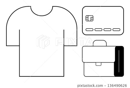 E-commerce, retail, shopping, business essentials, corporate identity, trade. Minimal outlines of a t-shirt, credit card and briefcase. E-commerce and retail visual concept 136490626