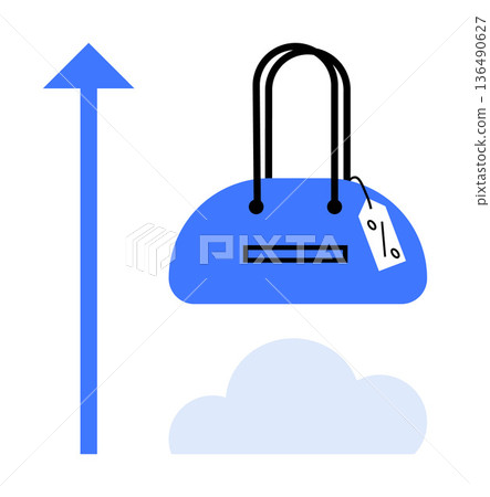 E-commerce, online shopping, retail trends, market growth, digital sales, data analysis. Blue handbag with price tag and upward arrow above a cloud. E-commerce and online shopping concept E-commerce, online shopping, retail trends, market growth, digital sales, data analysis. Blue handbag with price tag and upward arrow above a cloud. E-commerce and online shopping concept 136490627