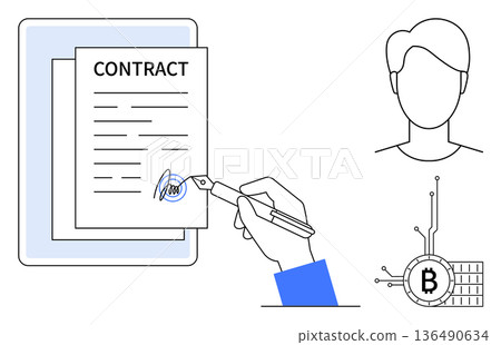 Contracts, identity verification, blockchain, cryptocurrency, legal documents, financial transactions. A hand holding a pen signing a digital contract, Bitcoin symbol person outline. Contracts 136490634