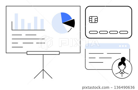 Data analysis, financial planning, online security, identity verification, digital transactions, user interfaces. Bar graph, credit card and user icon. Data analysis and financial planning concept Data analysis, financial planning, online security, identity verification, digital transactions, user interfaces. Bar graph, credit card and user icon. Data analysis and financial planning concept 136490636
