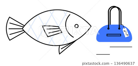 E-commerce, fashion, sustainability, shopping, marine life, creative design. Geometric fish pattern next to a blue handbag with a price tag. Sustainability and e-commerce concepts E-commerce, fashion, sustainability, shopping, marine life, creative design. Geometric fish pattern next to a blue handbag with a price tag. Sustainability and e-commerce concepts 136490637