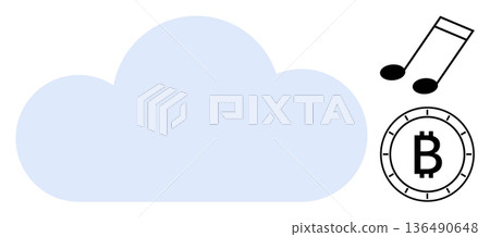 Technology, cloud computing, cryptocurrency, music streaming, digital assets, data storage. A cloud with a Bitcoin cryptocurrency symbol and a music note. Cloud computing and cryptocurrency theme Technology, cloud computing, cryptocurrency, music streaming, digital assets, data storage. A cloud with a Bitcoin cryptocurrency symbol and a music note. Cloud computing and cryptocurrency theme 136490648