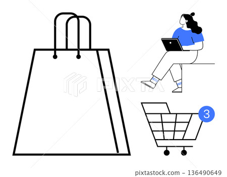 Online shopping, e-commerce, retail technology, digital purchases, virtual carts, consumer convenience. Shopping bag, woman using laptop and shopping cart with notification. Online shopping Online shopping, e-commerce, retail technology, digital purchases, virtual carts, consumer convenience. Shopping bag, woman using laptop and shopping cart with notification. Online shopping 136490649