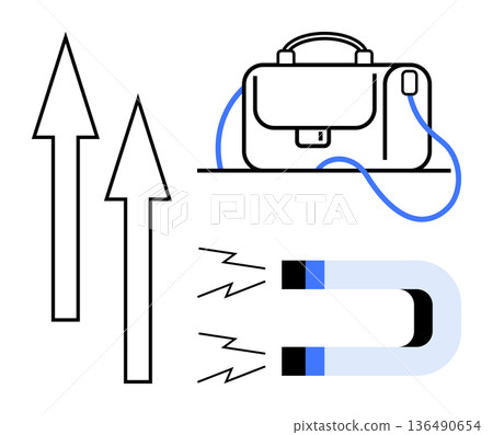 Business strategy, career growth, entrepreneurship, success, leadership, and attraction symbols. Icons include arrows, a briefcase and a magnet. Business strategy and career growth 136490654