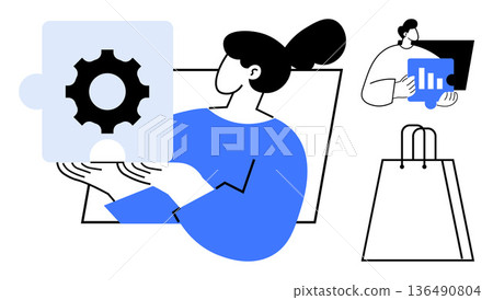 Business innovation, data analysis, e-commerce, teamwork, product management, problem-solving. Woman holding gear puzzle piece, person analyzing data shopping bag graphic. Business innovation Business innovation, data analysis, e-commerce, teamwork, product management, problem-solving. Woman holding gear puzzle piece, person analyzing data shopping bag graphic. Business innovation 136490804