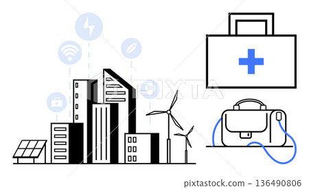 Smart city development, renewable energy, healthcare, connectivity, sustainable living, urban planning. Modern cityscape with wind turbines and medical icons. Smart city and renewable energy visual Smart city development, renewable energy, healthcare, connectivity, sustainable living, urban planning. Modern cityscape with wind turbines and medical icons. Smart city and renewable energy visual 136490806