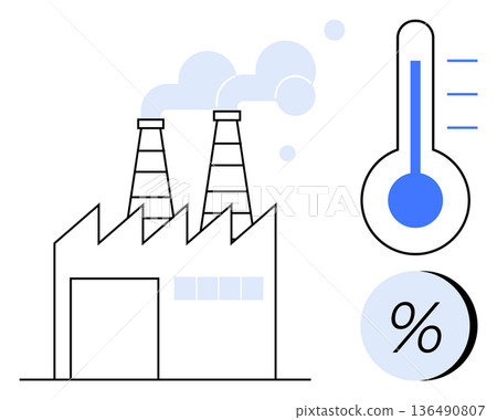 Climate change, air pollution, industrial impact, energy efficiency, environmental monitoring, sustainable development. Factory with chimneys, thermometer and percentage symbol. Climate change 136490807