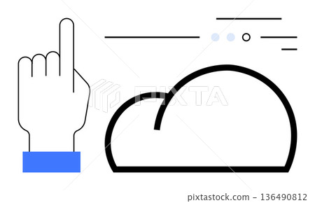 Cloud computing, data storage, digital integration, user interaction, connectivity, technology interfaces. A hand pointing towards a cloud with minimal lines. Cloud computing and data storage concept 136490812
