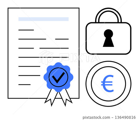 Certification, data protection, financial security, compliance, trust, authentication. Document with seal, lock symbol and euro coin. Certification and data protection secure documentation and trust 136490816