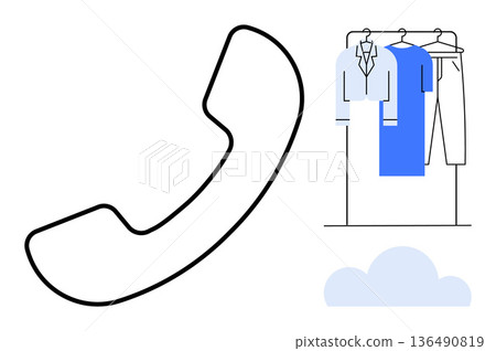 Communication, fashion consulting, e-commerce, retail shopping, minimalist design, digital customer service. Black phone outline next to a clothing rack. Communication and fashion consulting 136490819