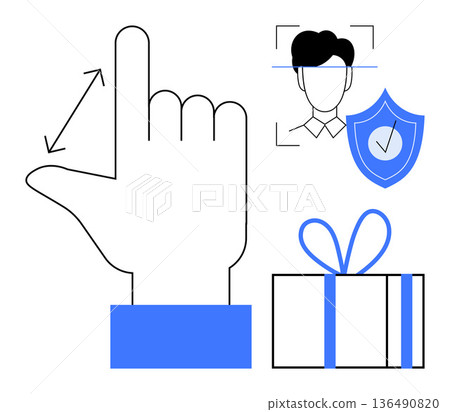 Data protection, gesture recognition, biometrics, security systems, user interface, gifts. Line art of a hand gesture, biometric face scan shield symbol and a gift box. Data protection and gesture 136490820