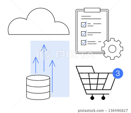 Cloud computing, data storage, e-commerce, digital workflow, business automation, technology operations. Cloud icon with database, checklist and shopping cart. Cloud computing and data storage theme 136490827