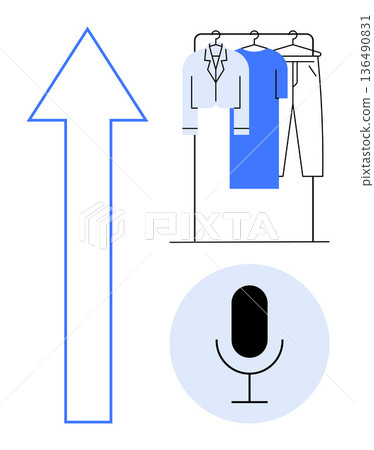 Marketing growth, fashion industry, podcasting, digital media, audio branding, online communication. A large upward arrow, hanging clothes and a microphone icon. Marketing growth and fashion 136490831