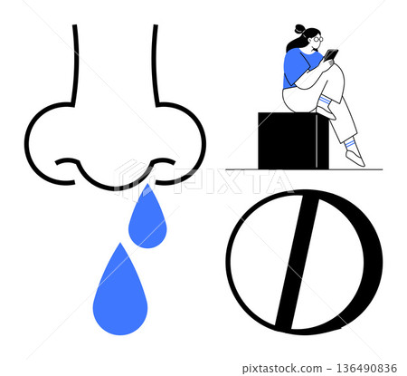 Health, allergies, prohibition, technology, mobile usage, hygiene awareness. Nose with dripping drops, person on a device and a prohibition symbol. Health and allergy awareness 136490836