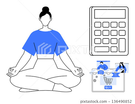 Health and wellness, online shopping, productivity, mindfulness, budgeting, financial planning. Woman sitting in meditation pose next to a calculator and an online shopping cart. Mindfulness Health and wellness, online shopping, productivity, mindfulness, budgeting, financial planning. Woman sitting in meditation pose next to a calculator and an online shopping cart. Mindfulness 136490852