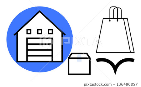 E-commerce, logistics, retail, packaging, delivery service, warehouse management. Iconic visuals of a warehouse, shipping box and shopping bag. E-commerce and logistics concept 136490857