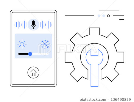 Home automation, smart devices, voice control, IoT technology, interface design, device management. Digital interface with a microphone, brightness control and gear icon. Home automation and voice Home automation, smart devices, voice control, IoT technology, interface design, device management. Digital interface with a microphone, brightness control and gear icon. Home automation and voice 136490859