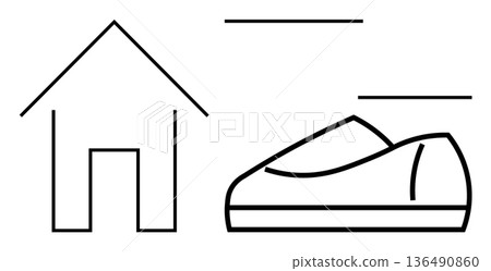 Real estate, fashion design, home decor, minimal art, graphic design, product concept. Black line drawing of a house and shoe outline. Real estate and fashion design concepts Real estate, fashion design, home decor, minimal art, graphic design, product concept. Black line drawing of a house and shoe outline. Real estate and fashion design concepts 136490860
