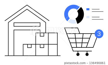 E-commerce, online shopping, logistics, data analysis, inventory management, retail operations. A warehouse, boxes shopping cart with notification and analytics chart. E-commerce and logistics E-commerce, online shopping, logistics, data analysis, inventory management, retail operations. A warehouse, boxes shopping cart with notification and analytics chart. E-commerce and logistics 136490861