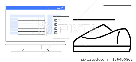 E-commerce, online retail, product selection, data management, order processing, inventory tools. A computer with a checklist and a shoe icon. E-commerce and online retail concepts 136490862