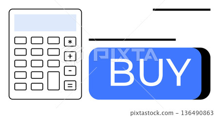 Online shopping, e-commerce, digital payments, financial management, budgeting, consumer behavior. A calculator next to a prominent blue buy button. Online shopping and e-commerce concepts Online shopping, e-commerce, digital payments, financial management, budgeting, consumer behavior. A calculator next to a prominent blue buy button. Online shopping and e-commerce concepts 136490863