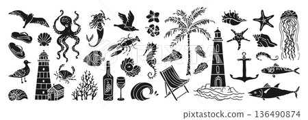 Hand Drawn Coastal Living Illustration Ocean Travel Stamp Mediterranean Travel Silhouette Badge 136490874