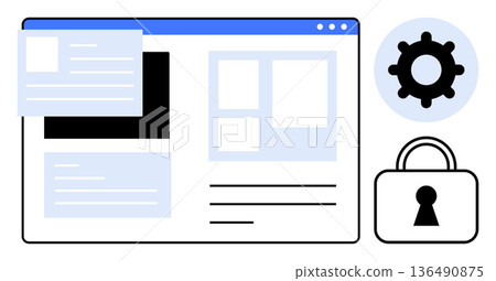 Online security, data protection, software settings, web design, privacy control, system management. Browser interface with lock icon and gear symbol. Online security and data protection concept Online security, data protection, software settings, web design, privacy control, system management. Browser interface with lock icon and gear symbol. Online security and data protection concept 136490875