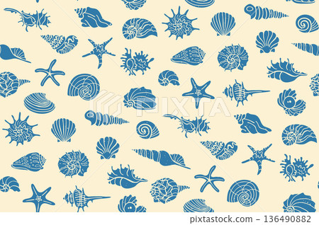 Seamless Vector Pattern Hand Drawn Seashells In Retro Marine Style Nautical Background Elegant Art 136490882